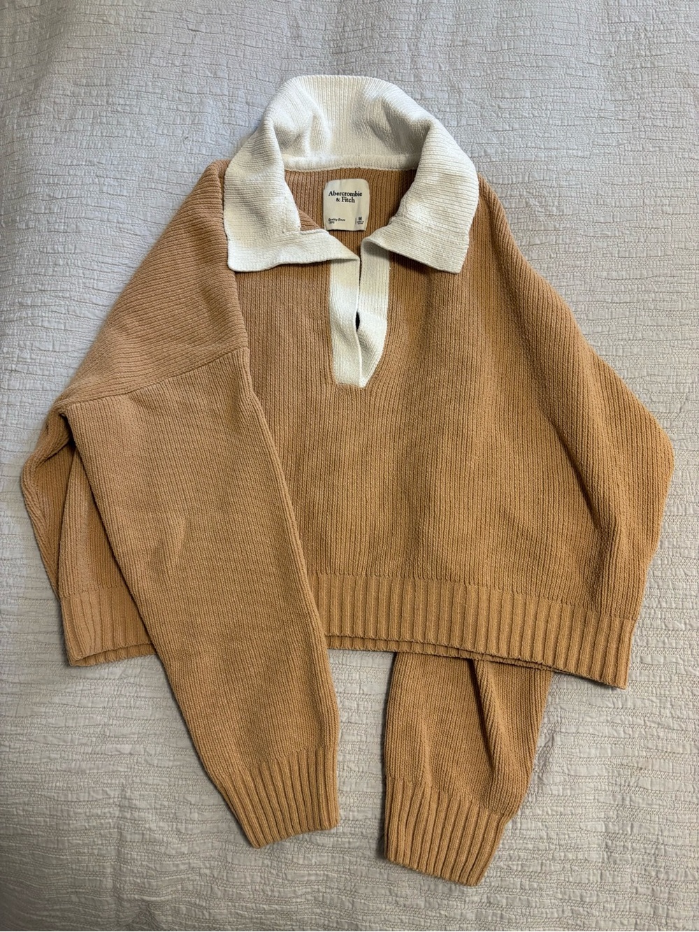 Abercrombie & Fitch Women's Cream Collar Tan Knit Pullover Polo Sweater, M